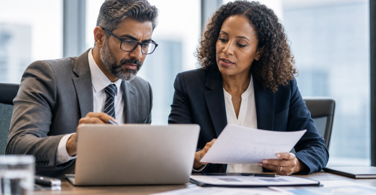 Two business leaders reviewing AI consulting vendor proposals at a conference table