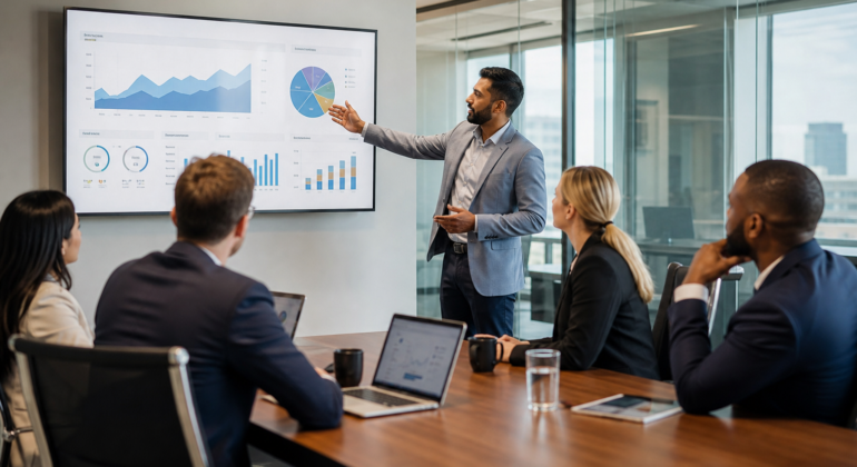 Business intelligence analyst presenting a dashboard to stakeholders in a modern office boardroom