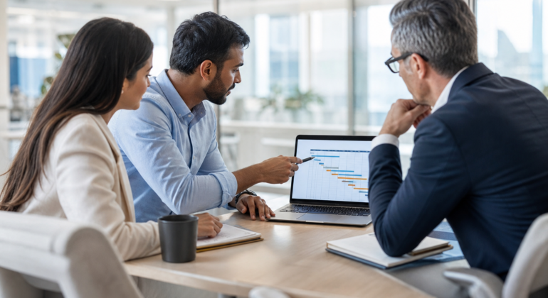 Consultants reviewing a cloud ERP implementation timeline on a laptop in a modern office