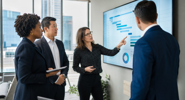 Enterprise IT team reviewing an ERP implementation plan on a boardroom monitor