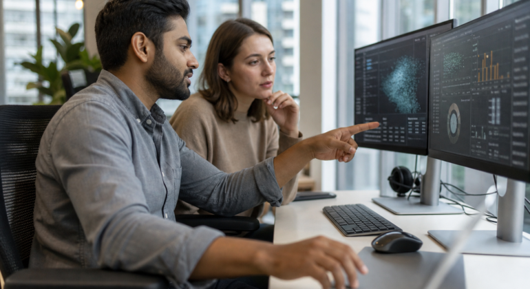 Data engineer and analyst reviewing an AI implementation dashboard in a modern office