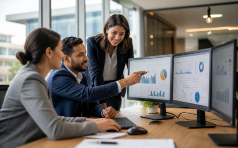 Finance team reviewing accounts payable automation dashboards on office monitors