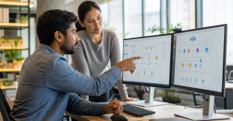 Cloud architect reviewing a SAP cloud migration architecture diagram on dual monitors