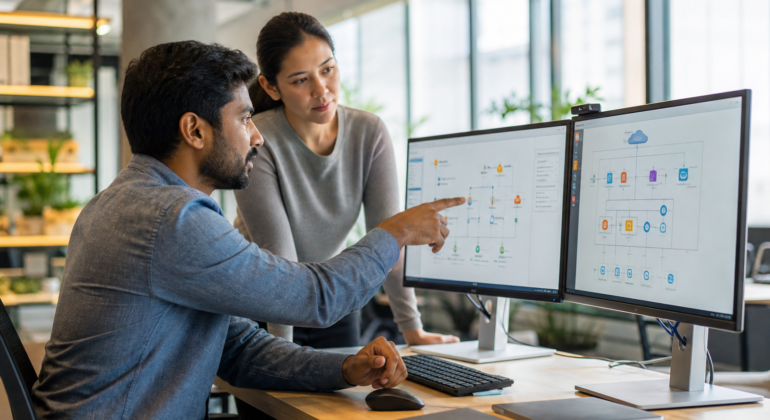Cloud architect reviewing a SAP cloud migration architecture diagram on dual monitors